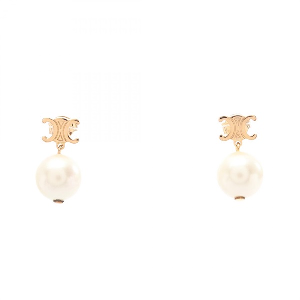 CELINE Triomphe Pierced earrings Gold Plated Artificial pearl White Used Women