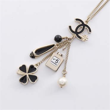CHANEL COCO Mark Icon Charm Necklace Gold Plated Peark Black White Used CC women