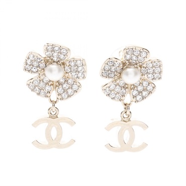 CHANEL Coco Flower Pierced earrings Gold Plated Artificial pearl rhinestone Used