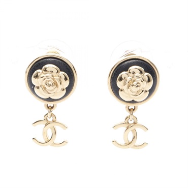 CHANEL COCO Mark Camelia Pierced earrings Gold Plated Black Used CC women