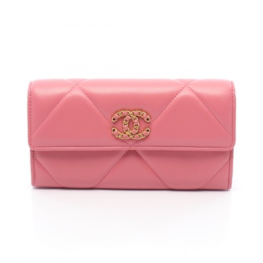 CHANEL 19 Long Flap Bi-fold Wallet purse AP0955 leather Pink Used Women GHW CC
