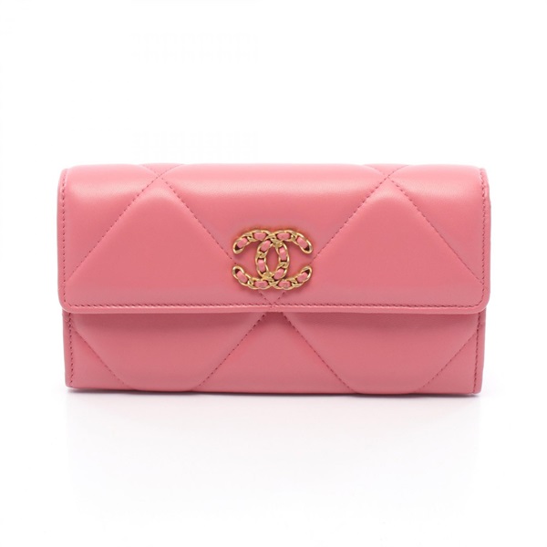 CHANEL 19 Long Flap Bi-fold Wallet purse AP0955 leather Pink Used Women GHW CC