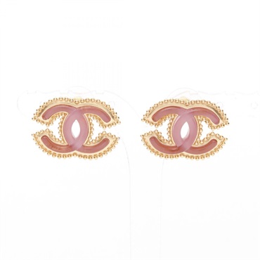 CHANEL CC Logo Pierced Earrings Gold Plated Pink 20mm x 27mm Used Women