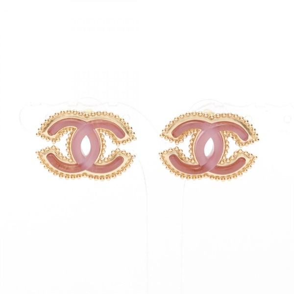 CHANEL CC Logo Pierced Earrings Gold Plated Pink 20mm x 27mm Used Women