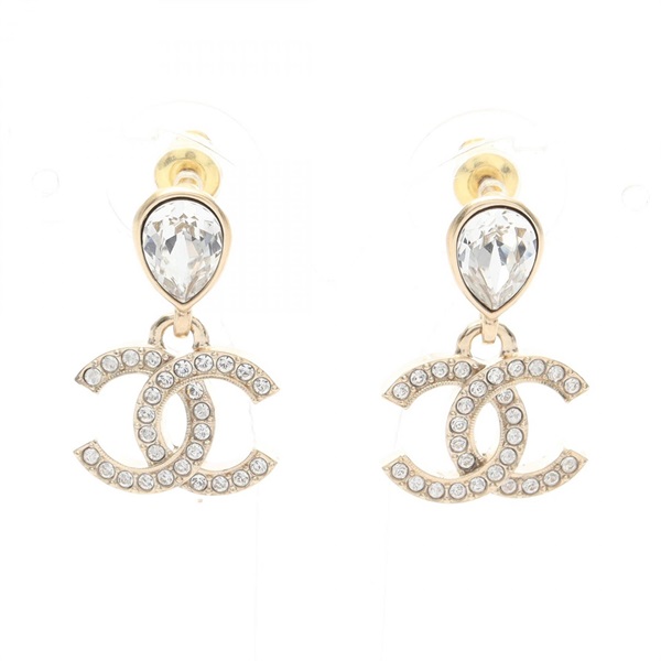 CHANEL COCO Mark Pierced earrings Gold Plated Crystals Rhinestones Used Women