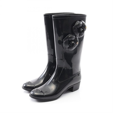 CHANEL Camelia Rain shoes Boots size 36 rubber Black Used Women CC Coco