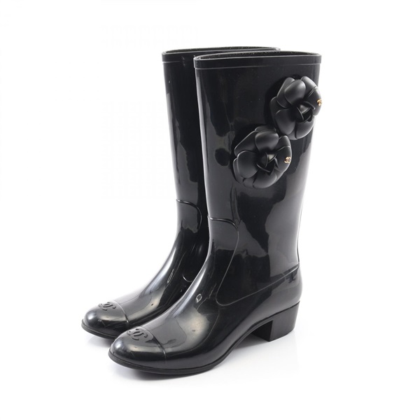 CHANEL Camelia Rain shoes Boots size 36 rubber Black Used Women CC Coco