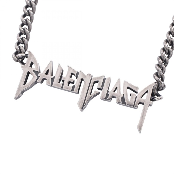 BALENCIAGA Typo Metal Antique Silver-color chain Necklace Stainless Steel Used