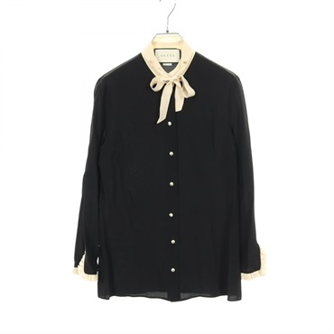 GUCCI Interlocking G Button blouse #36 454688 silk Black Beige Used Women