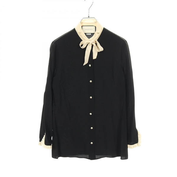 GUCCI Interlocking G Button blouse #36 454688 silk Black Beige Used Women