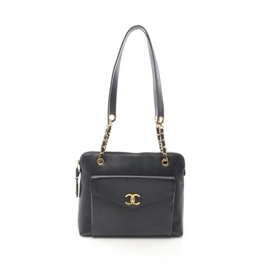 CHANEL COCO Mark Shoulder Bag Grained Calf leather Black Used Women GHW CC
