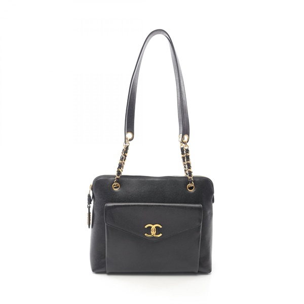 CHANEL COCO Mark Shoulder Bag Grained Calf leather Black Used Women GHW CC