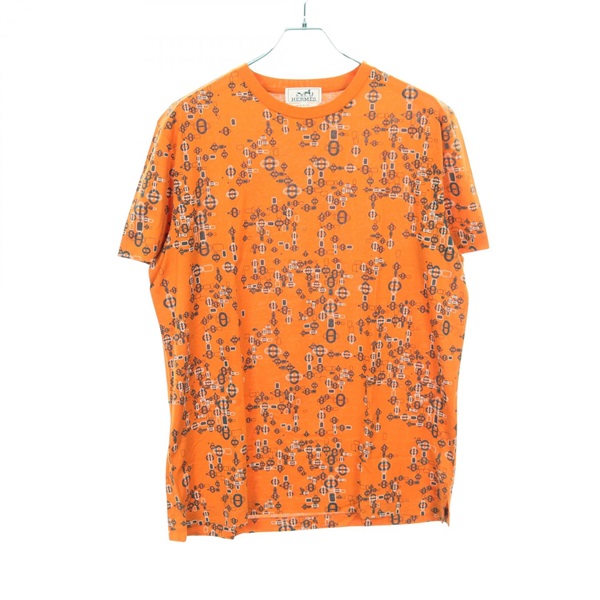 HERMES T-shirt Tops cotton Orange Navy Used mens size XL