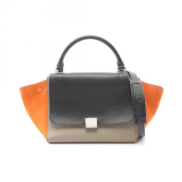 CELINE Trapeze Small Shoulder Handbag leather Suede Beige Black Orange Used