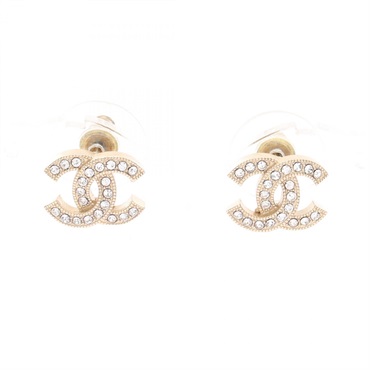 CHANEL COCO Mark Pierced earrings Gold Plated Rhinestone Clear Used CC