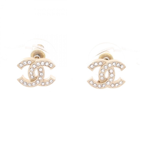 CHANEL COCO Mark Pierced earrings Gold Plated Rhinestone Clear Used CC
