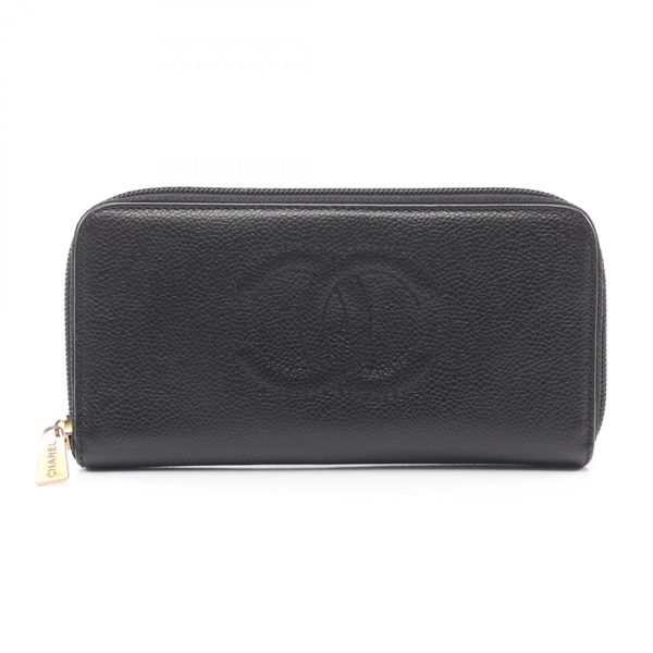 CHANEL COCO Mark Around zip long Wallet Purse leather Black GHW Used Women CC
