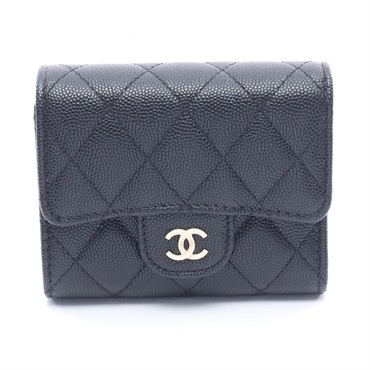CHANEL Classic small flap wallet Tri-fold purse Calfskin leather Black Used GHW