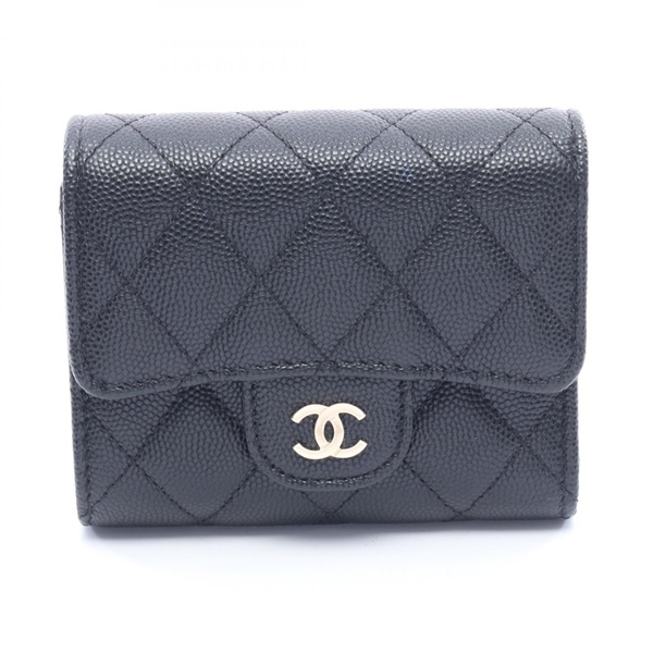 CHANEL Classic small flap wallet Tri-fold purse Calfskin leather Black Used GHW