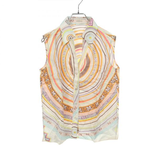 HERMES Print Sleeveless Shirt Blouse #38 silk White Multicolor White Used Women