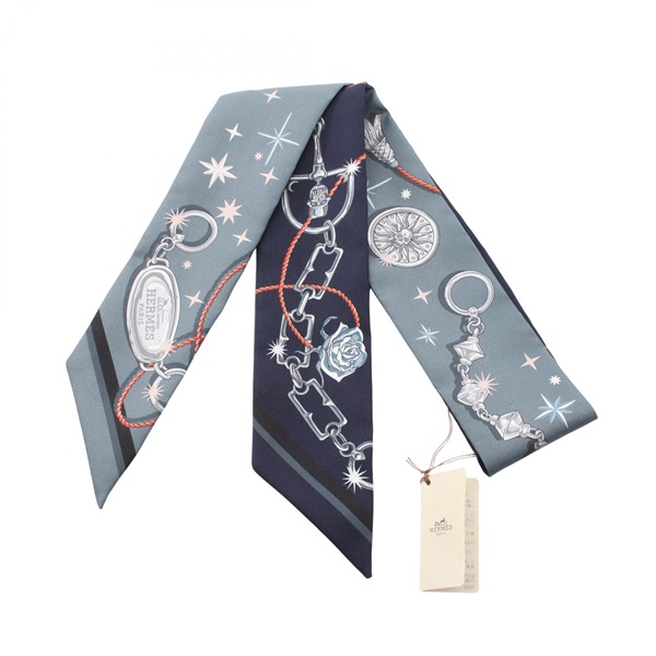 HERMES Twilly C'est La Fete Ribbon Scarf Silk Navy Green Used Women