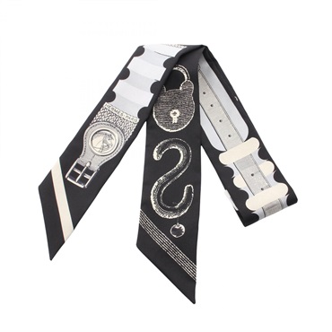 HERMES Twilly Brides a Bloc Ribbon Scarf Silk Black Gray Beige Used Women