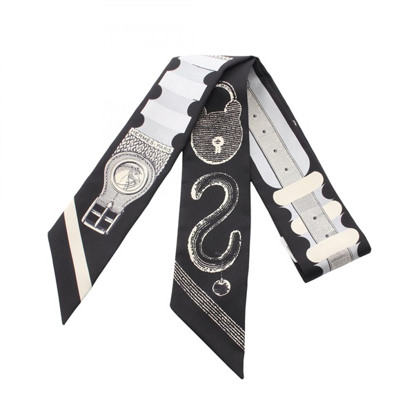 HERMES Twilly Brides a Bloc Ribbon Scarf Silk Black Gray Beige Used Women