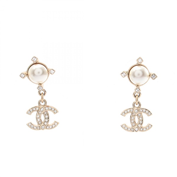 CHANEL COCO Mark Swing Pierced earrings GP Rhinestone Artificial pearl Women CC
