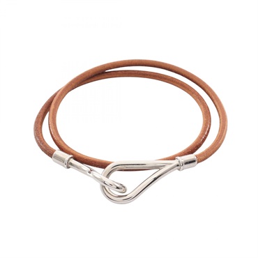 HERMES Jumbo Choker Bracelet Bangle leather Stainless Steel Brown Used Women