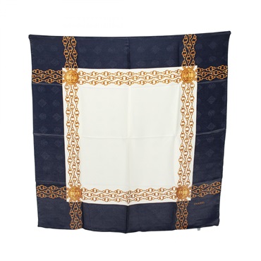 CHANEL COCO Mark Chain Pattern Scarf silk Navy White Used Women CC