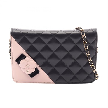 CHANEL Matelasse Camellia Chain Shoulder Crossbody Bag leather Black Pink Used
