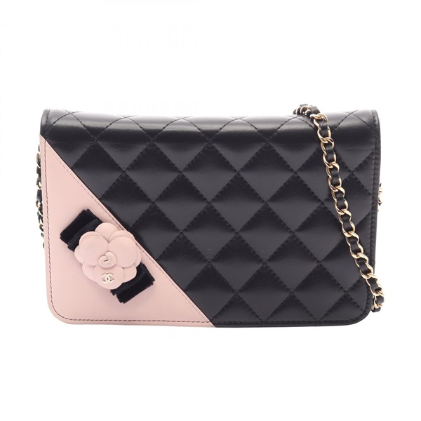 CHANEL Matelasse Camellia Chain Shoulder Crossbody Bag leather Black Pink Used