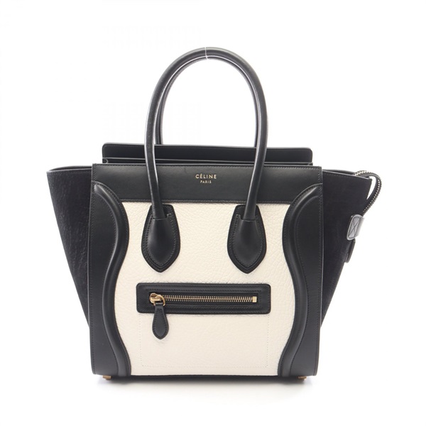 CELINE Luggage micro shopper Tote Bag 167793 leather Black White Used Women