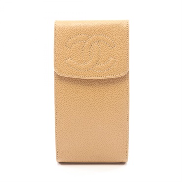 CHANEL COCO Mark eye glasses cases Calfskin leather Beige Used Women GHW