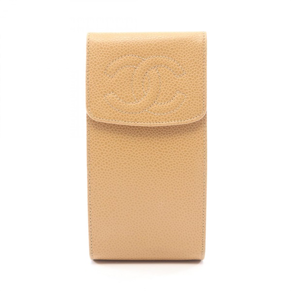 CHANEL COCO Mark eye glasses cases Calfskin leather Beige Used Women GHW