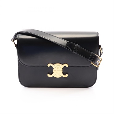 CELINE Classic Triomphe Medium Shoulder crossbody Bag leather Black Used Women