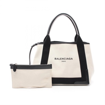 BALENCIAGA NAVY CABAS S Tote Hand Bag canvas leather Beige Black Used Women