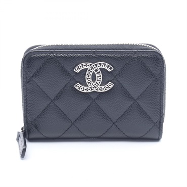 CHANEL Matelasse coin purse wallet zip around Calfskin leather Black Used SHW