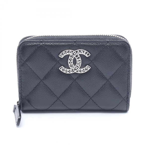 CHANEL Matelasse coin purse wallet zip around Calfskin leather Black Used SHW