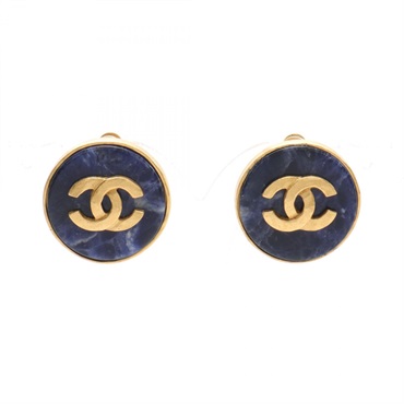 CHANEL COCO Mark Earring Gold Plated Colored stone Gold Navy Used CC women