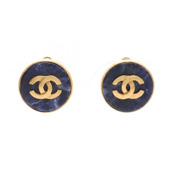 CHANEL COCO Mark Earring Gold Plated Colored stone Gold Navy Used CC women