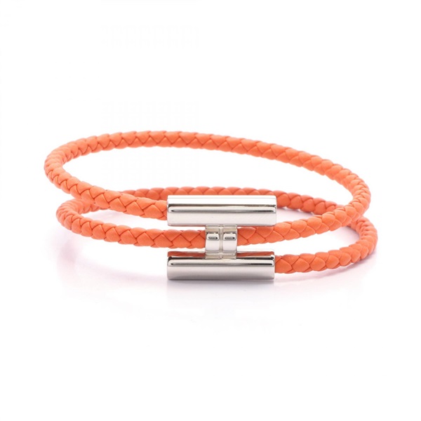 HERMES Tournis Tresse Bracelet 18cm leather Stainless Steel Orange Used