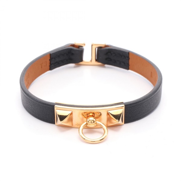 HERMES Rival mini Bracelet bangle B 16.5cm leather Gold Plated Black Used