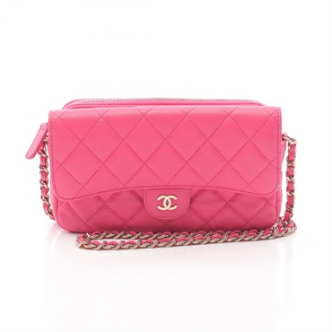 CHANEL Matelasse Phone Case Wallet Chain Shoulder Bag Calfskin Pink Used GHW CC