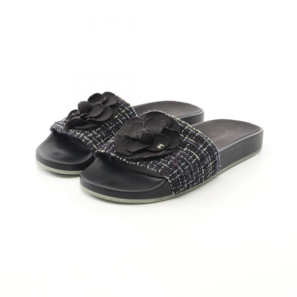 CHANEL Camellia COCO Mark Sandals Fabric rubber Black Size 40 Used Women
