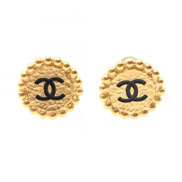 CHANEL COCO Mark Earring Gold Plated Black Used women CC