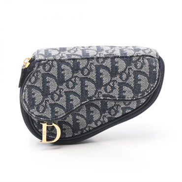 Christian Dior Saddle trotter Pouch canvas leather Navy Gray Used Women