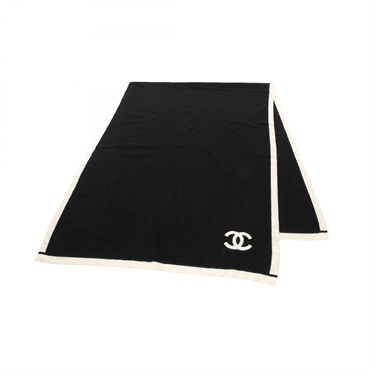 CHANEL COCO Mark Stole wrap scarf silk cashmere Black White Used Women CC Coco