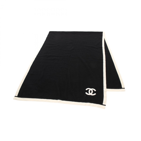 CHANEL COCO Mark Stole wrap scarf silk cashmere Black White Used Women CC Coco