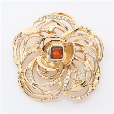 CHANEL Camelia Brooch Gold Plated Rhinestones Bijoux Gold Brown Used Women CC